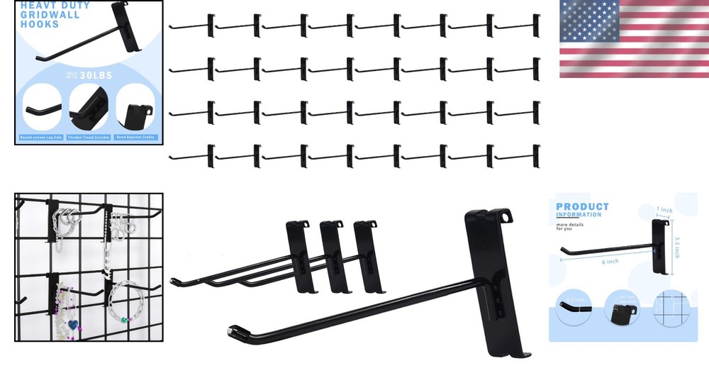 6-Inch Gridwall Hooks, 32 Pieces for Grid Wall Panel, Black
