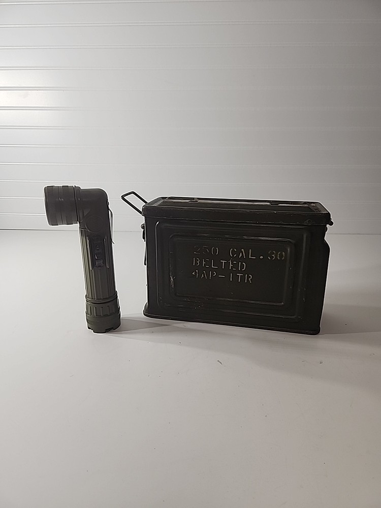 30 Caliber Ammo Box Empty Case With Military Flashlight.