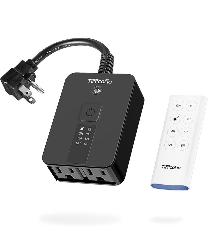 Outdoor Light Sensor Timer Outlet, 100ft Range Remote Control, Weatherproof