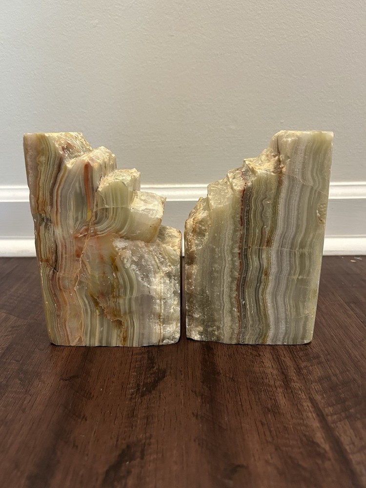 Vintage Heavy Solid Onyx Bookends Banded Stone Mid Century Decor