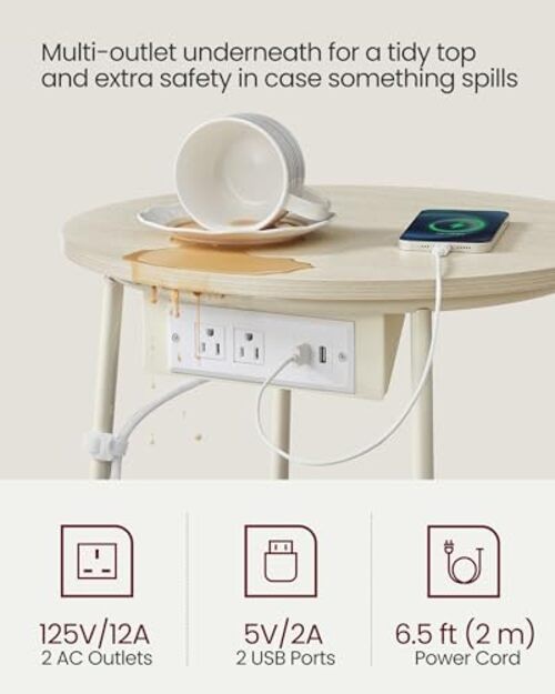 LILEA Collection - Side Table with Charging Without LED light Cream White