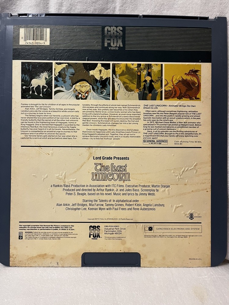 The Last Unicorn CBS FOX Capitance Electronic Disc System 1982 Untested