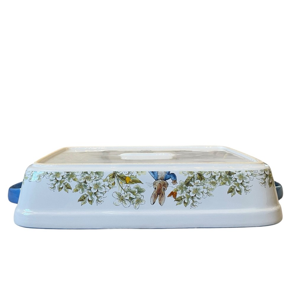 Beatrix Potter Peter Rabbit Rectangular Ceramic Baker Blue Rim Easter NEW