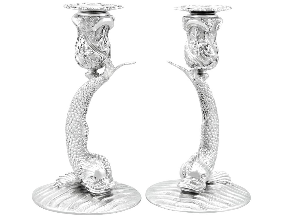 Vintage Irish Sterling Silver Fish Candlesticks