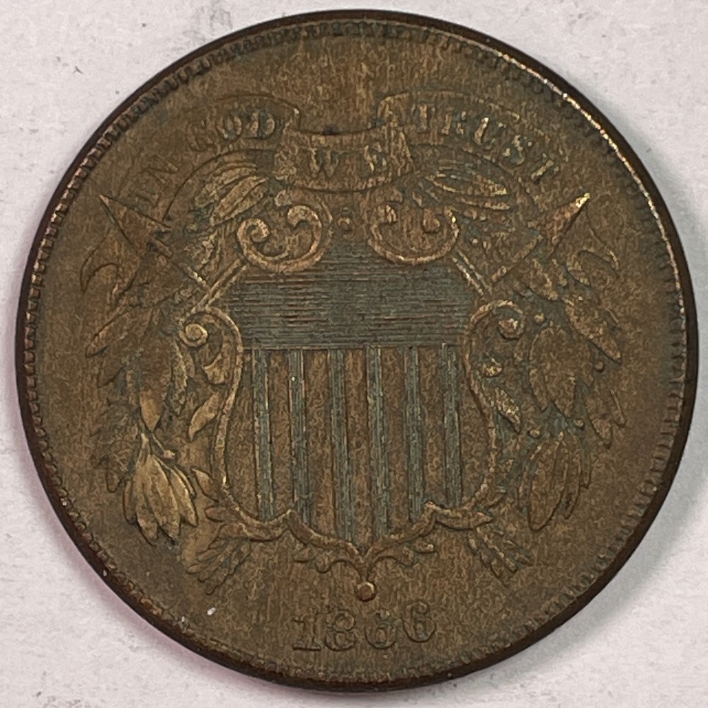 1866 Two Cent Piece Almost Uncirculated AU Coin, Issues #16742