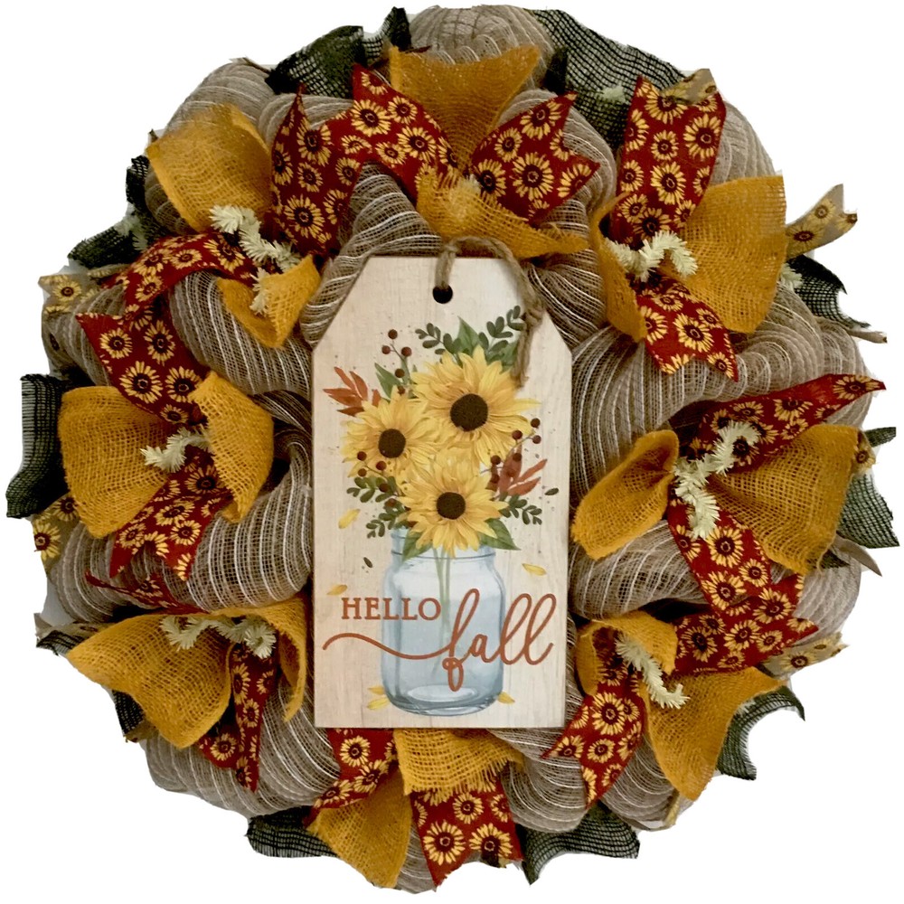 Hello Fall Welcome Tag Wreath Handmade Deco Mesh