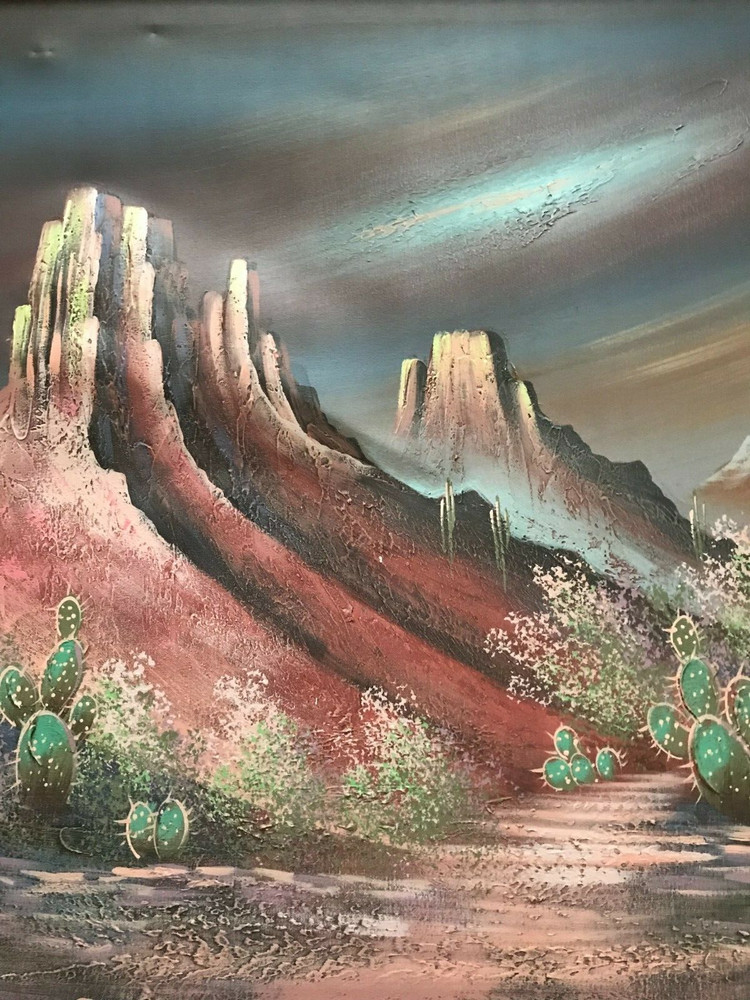 ARTMASTER STUDIOS Signed Ester Cactus Mountain Desert Scene Oil Texture Painting