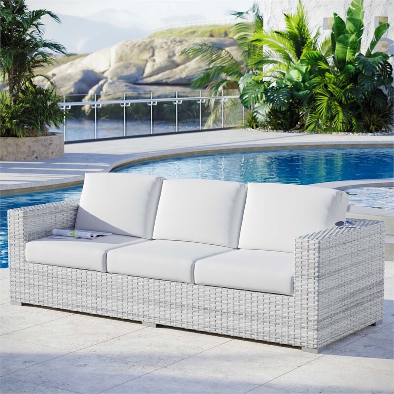 Modway Convene Fabric & Rattan Patio Sofa in Light Gray & White