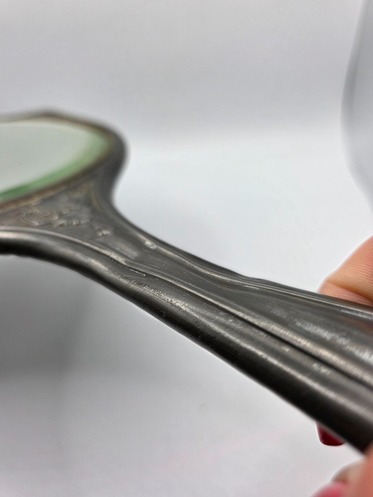 Hand Mirror Silver Plate unmarked some damage spots dents 11.25"