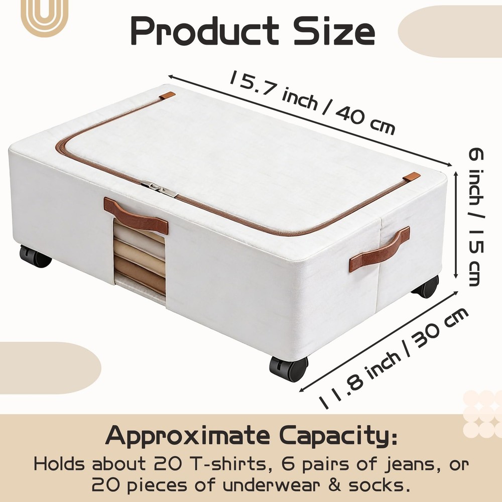 Under Bed Storage Organizer with Wheels - 2 Pack Large Foldable Underbed Draw...