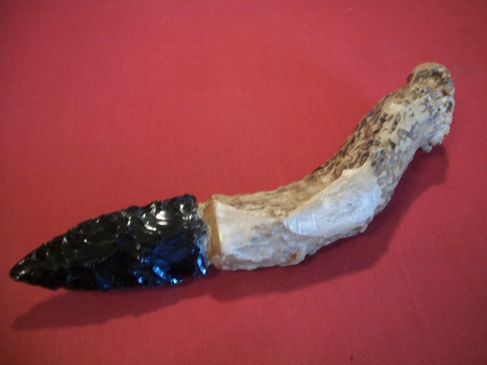 Hand Made Obsidian Knife with Crown Stag Handle, Pre Owned !