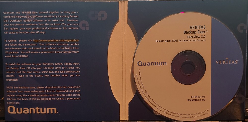 Vintage Quantum Software Kit - Backup Exec 10 for Windows Servers with Key 2005