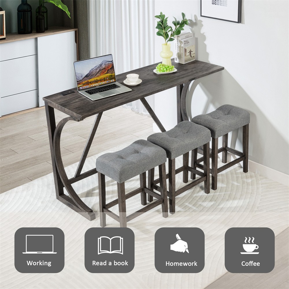 Bar Table Set with Power Outlet, Bar Table&Chairs Set, 4 Piece Dining Table Set