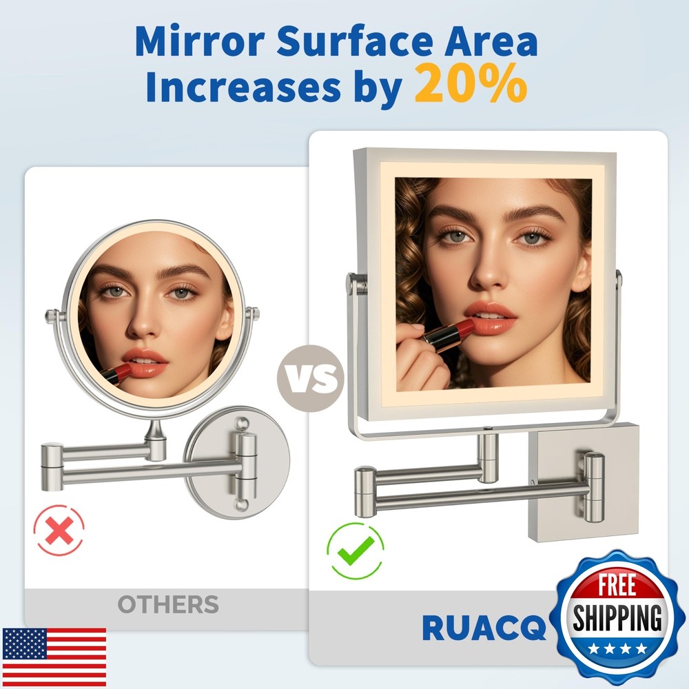 Ruacq Rechargeable Wall Mounted Makeup Mirror with Lights, Double Sided 1X/10