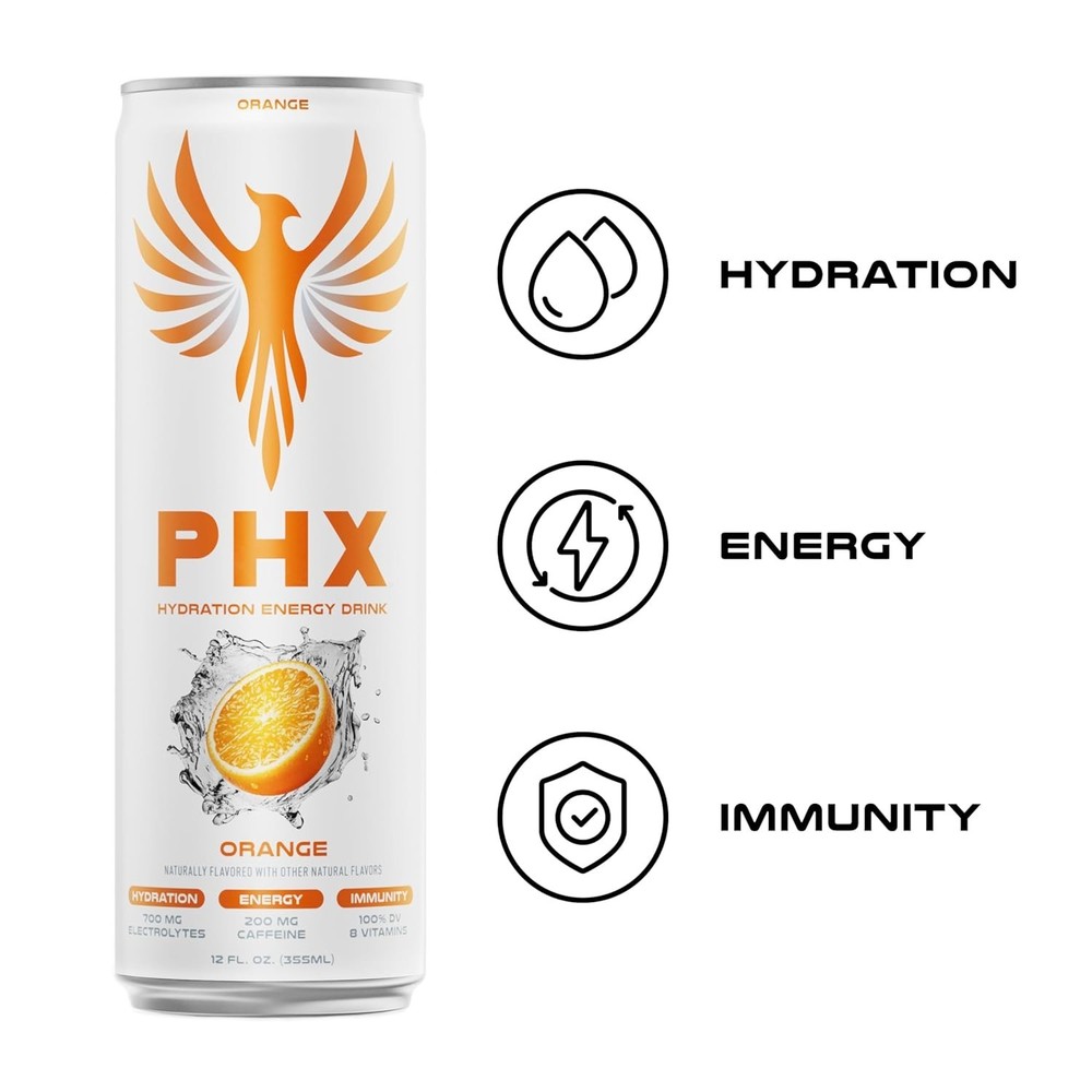 PHX Hydration Energy Drink 12 oz Cans (12 Pack) (12 Pack, Orange)