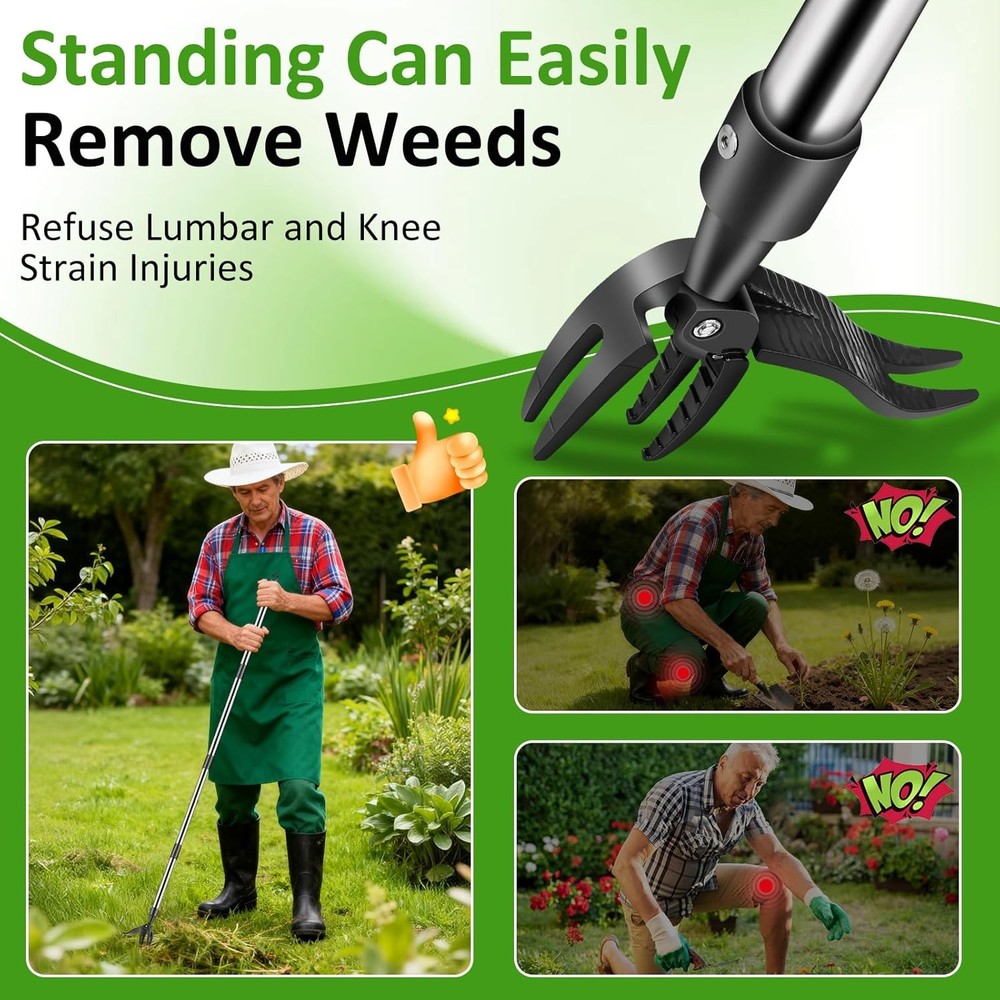 58" Stand Up Weed Puller Tool w/ 4 Claw Steel Head Adjustable Handle