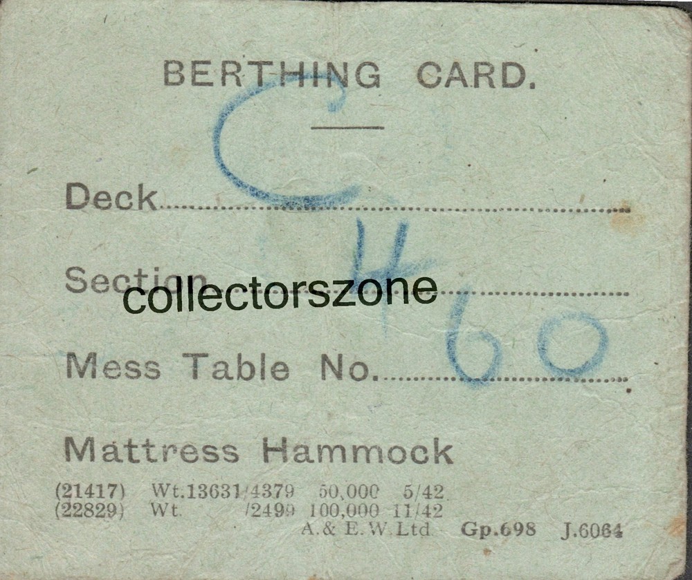 WWII troop Ship Berthing Card Deck C Section 4 Mess table 60 ww2 Ephemera