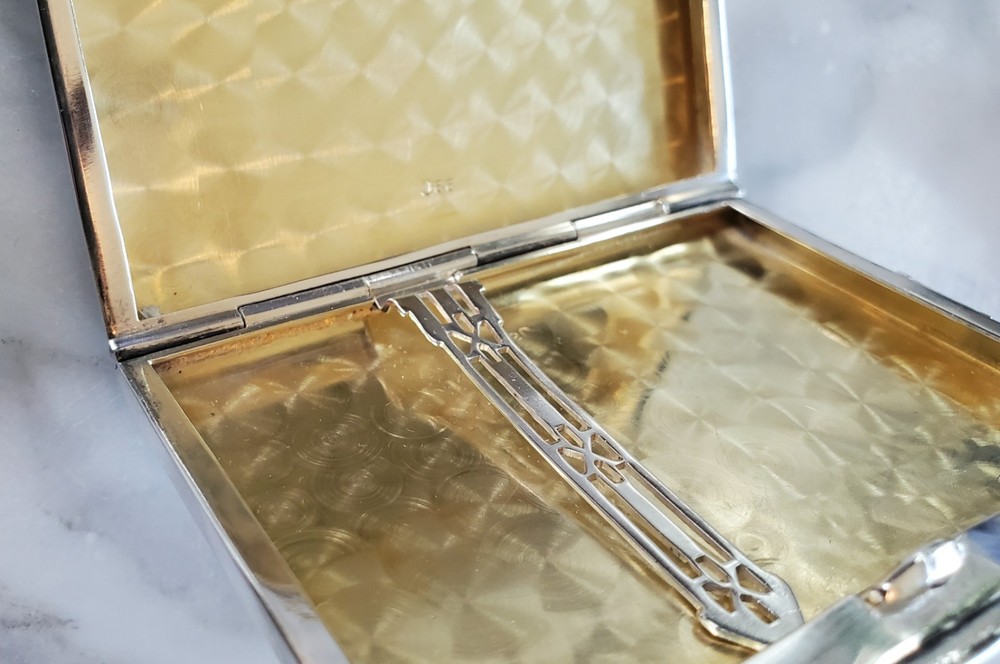 Unger Bros Sterling Silver Art Deco Enamel Flapper Cigarette Case Engine Turned