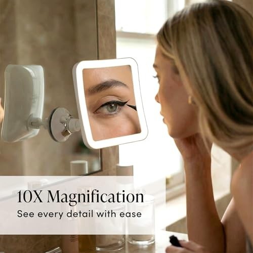 10X Magnifying Lighted Makeup Mirror - Daylight LED, Compact, Cordless, Suction,