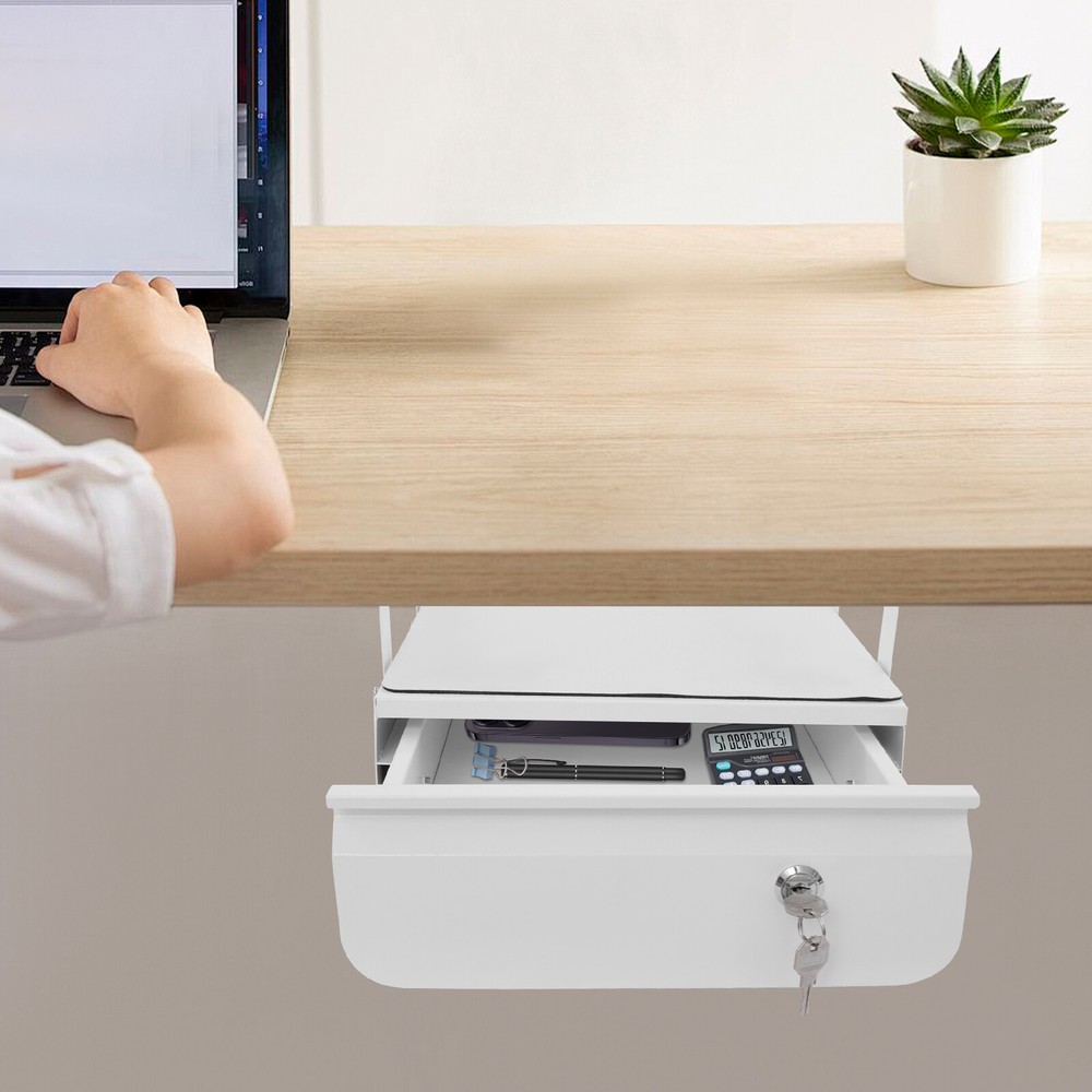 Hidden Under Desk Pull Out Drawer with Lock White Office Organizer For Office