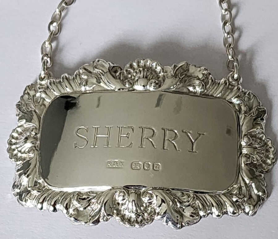 English Sterling Silver Cast Decanter Label / Tag "SHERRY"