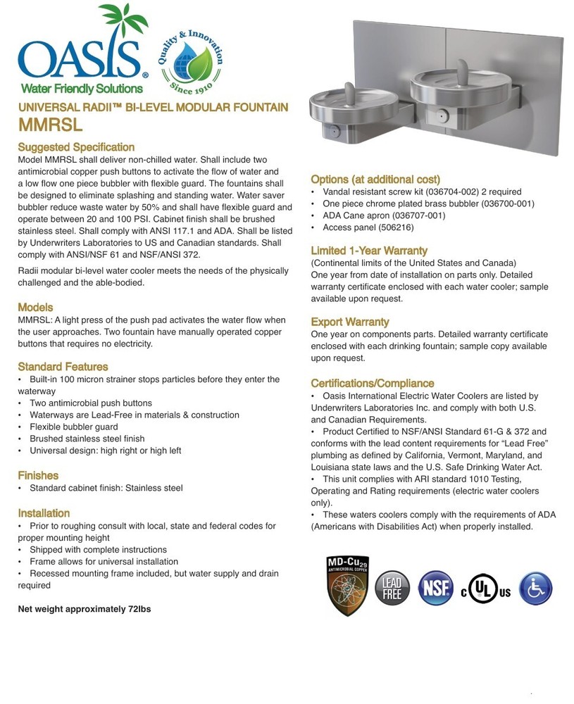 Drinking Fountain, Bi-Level, ADA Compliant, Non-Refrigerated