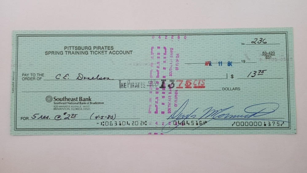 1980 Pirates (Spring Training Check) Bradenton, FL - C.E. Donelson #236