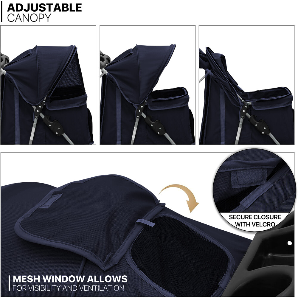 3/4 Wheels Foldable Pet Strollers Cat Dog Cage Strollers w/ Cup Holder & Basket