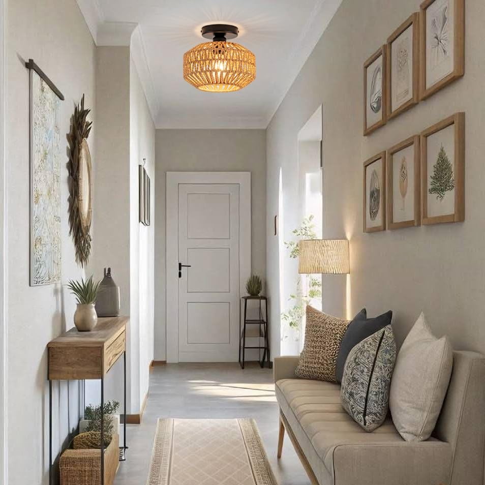 Mini Rattan Boho Ceiling Light Fixture, Small Woven Semi Flush Mount Ceiling ...