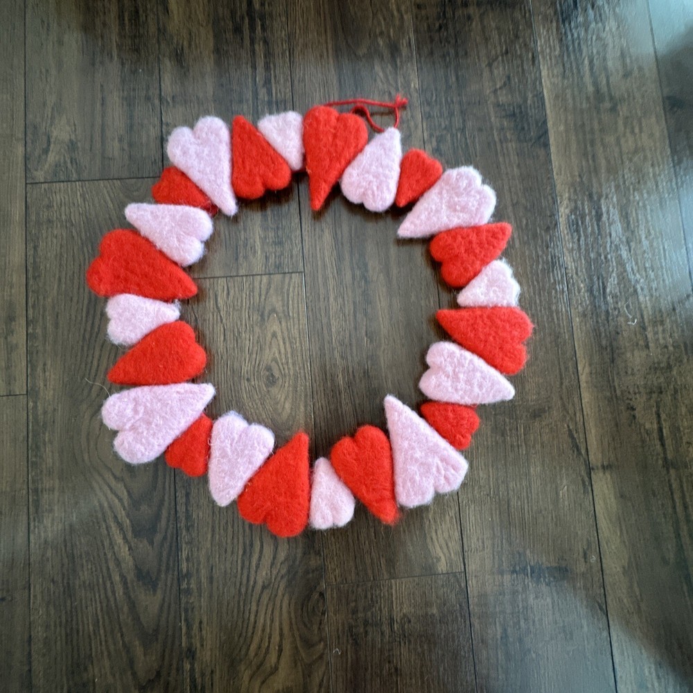 Valentines Wool Felt Hearts Wreath 16” Diameter
