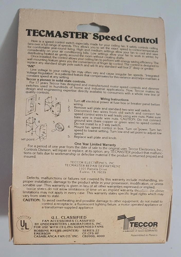 TECMASTER CEILING FAN SPEED CONTROL SWITCH 5 AMP FULL RANGE IVR INTEGRATED REGUL