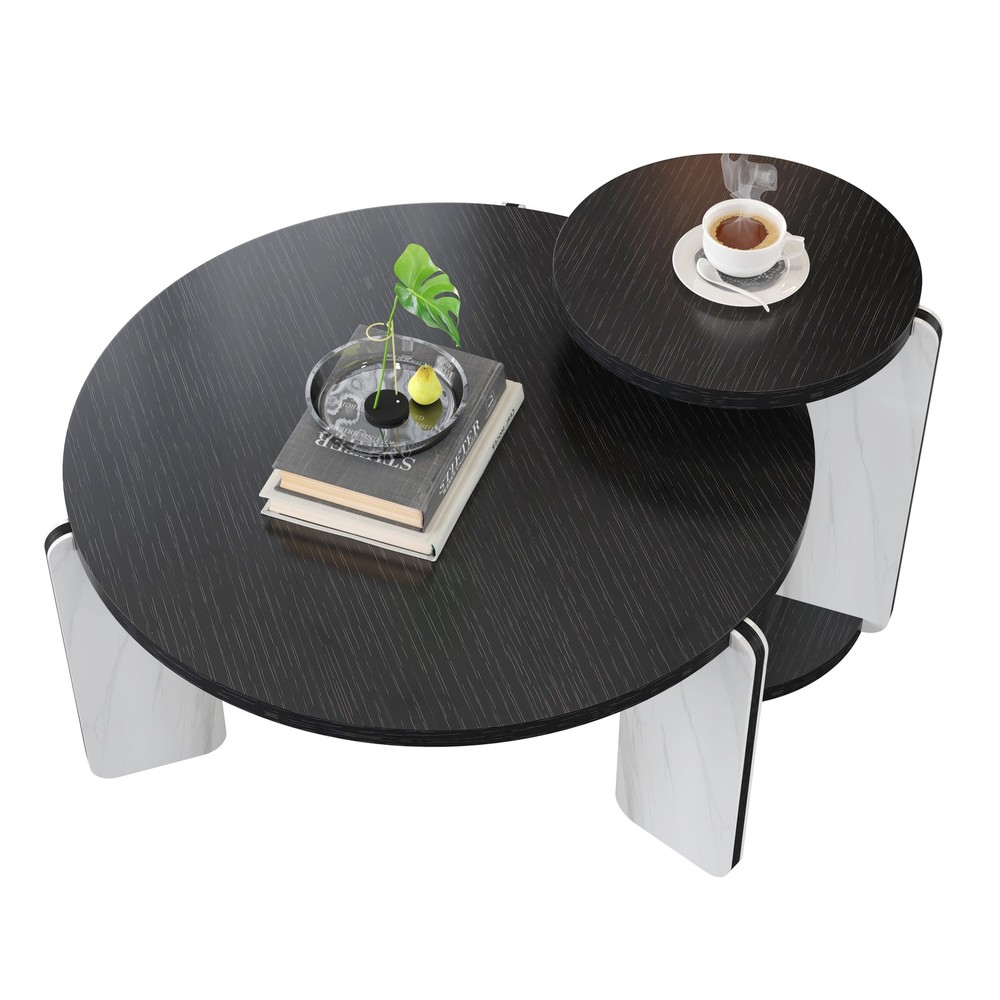 32.68" & 16.93" round coffee table end table sofa table side table set with bla