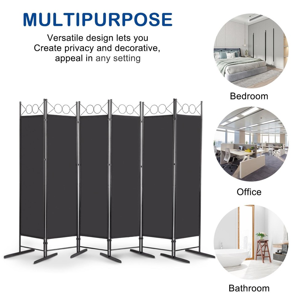 6 Panel Room Divider 6FT Screen Folding Privacy Divider Freestand Black