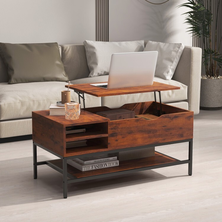 Lift Top Coffee Table, Hidden Storage Space Removable Storage Rack 2 Compartment