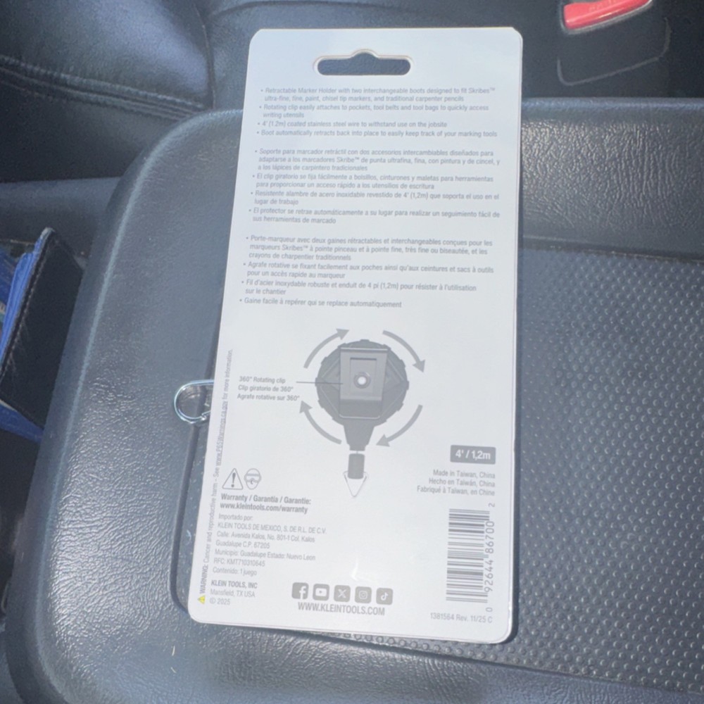Klein Tools Retractable Marker Holder 86700 4 ft Black 360° Clip Interchangeable