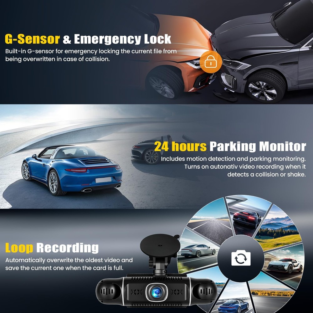 5 Channel Dash Cam Front and Rear Inside Left Right, 3'' 1080P