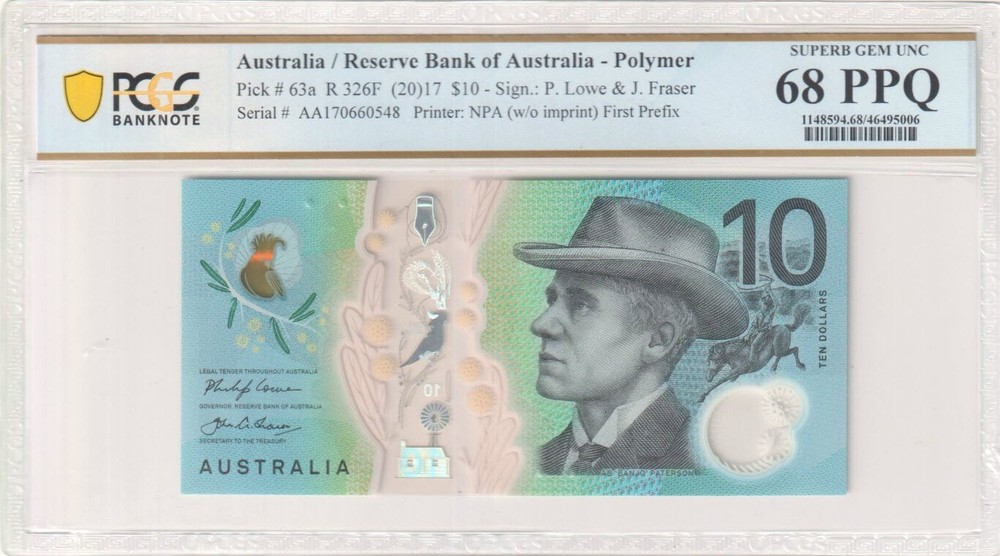 Australia 2017 $10 First Prefix AA17 Consecutive Trio Lowe Fraser Notes PCGS ...