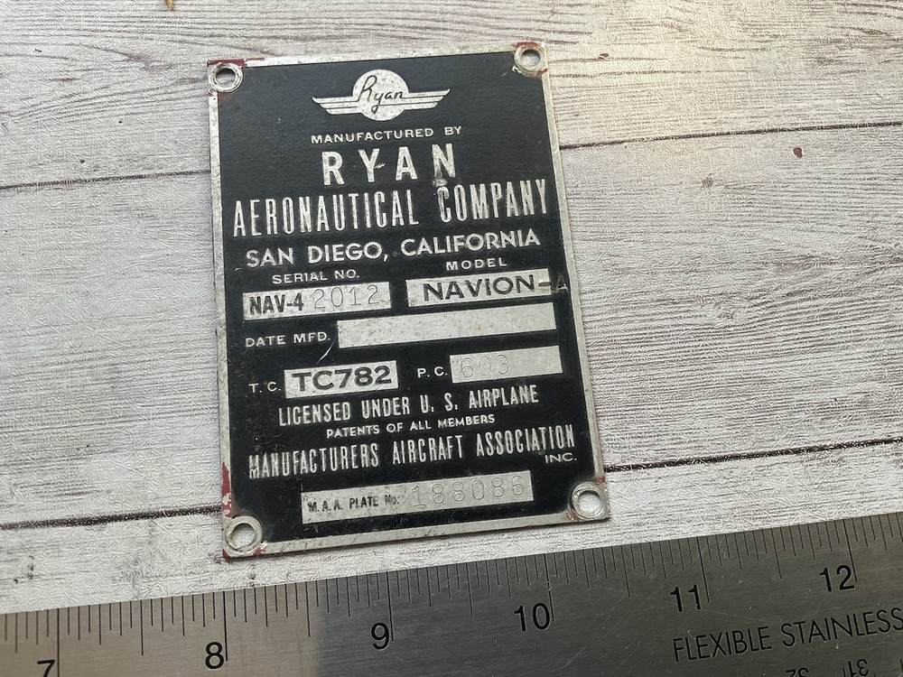 ORIGINAL POST WWII C.1950 RYAN NAVION AIRCRAFT SPEC DATA NAME PLATE