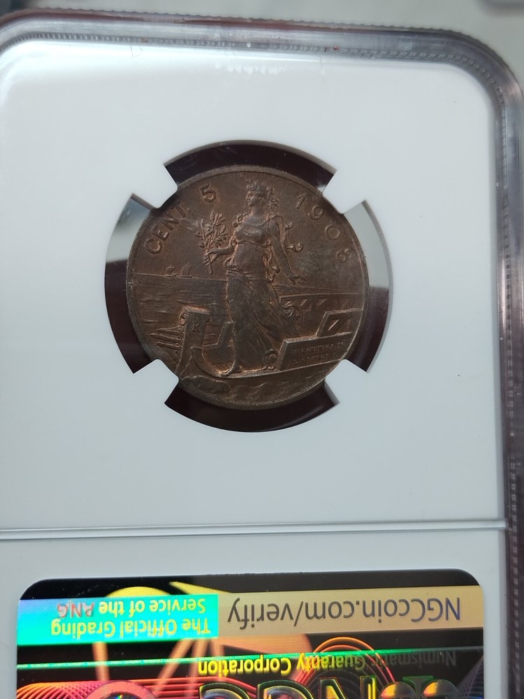 Italy 1908R 5 Centesimi NGC MS64