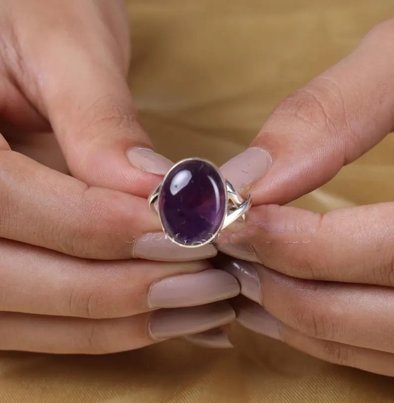 Solid 925 Sterling Silver Natural Amethyst Oval Gemstone Statement Handmade Ring