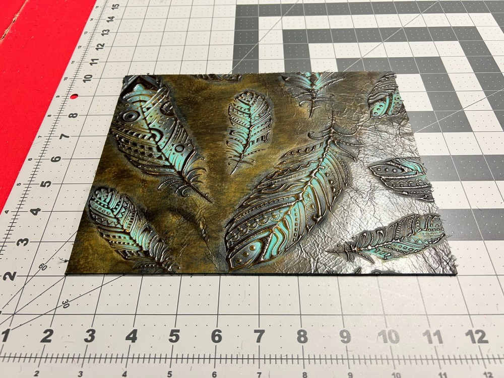 Embossed Leather Plumas Chocolate Mint, Custom Cuts, Leather Sheets by Square