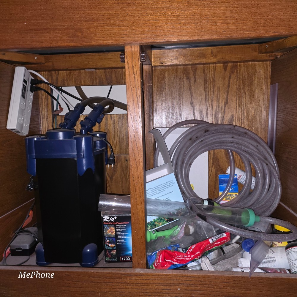 90 gallon glass set up solid oak stand with lights, canister filter, and heaters