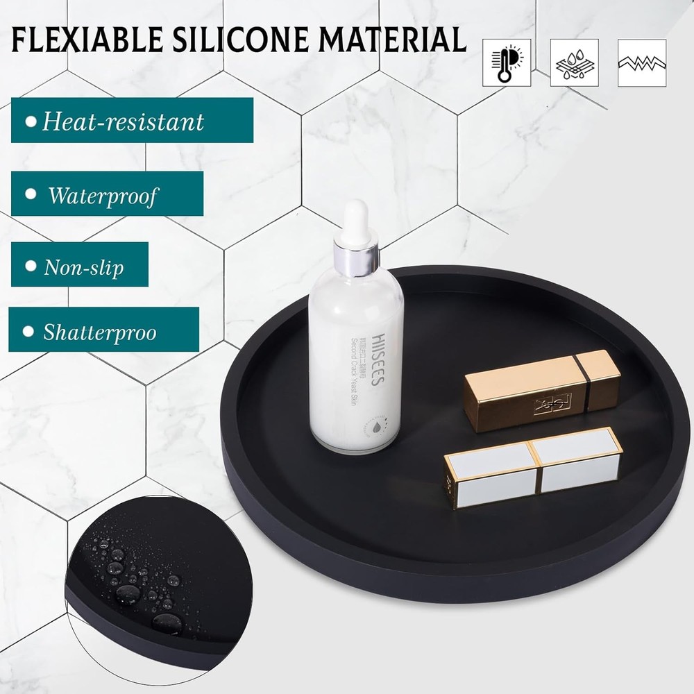 Round Black Silicone Vanity Tray 9"