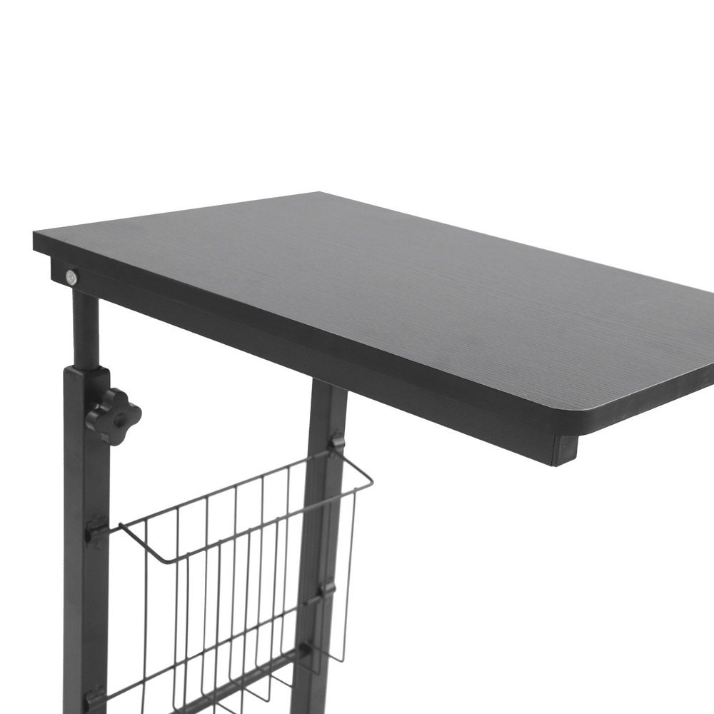 2 Tiers Adjustable Bed Side Table Black Indoor Mobile Standalone Table w/ Wheels