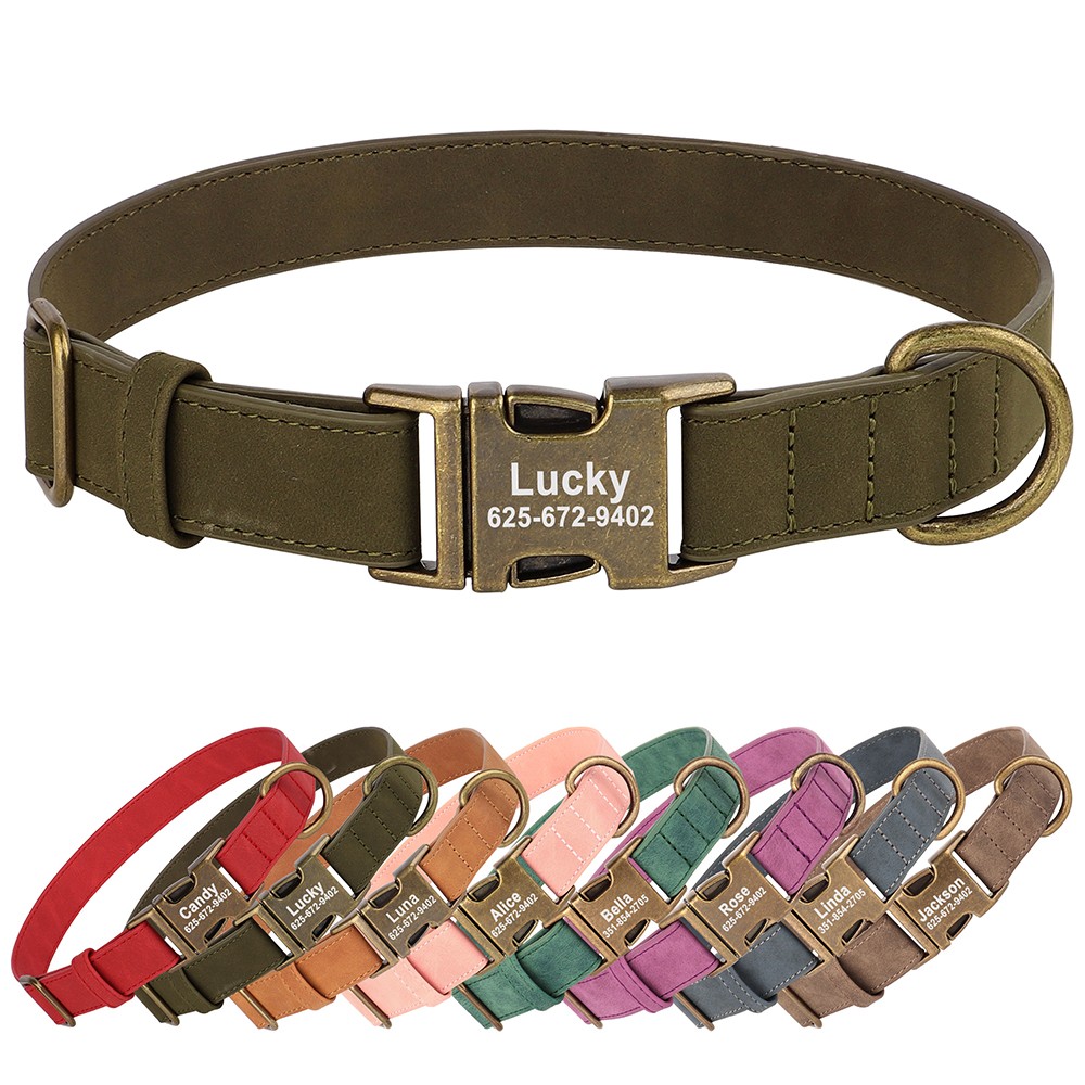 Soft Leather Personalized Dog Collars with Engraved Nameplate Adjustable Sizes