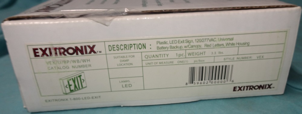 = Exitronix LED Exit Sign White Thermoplastic VEX-U-BP-WB-WH Double Sided RED