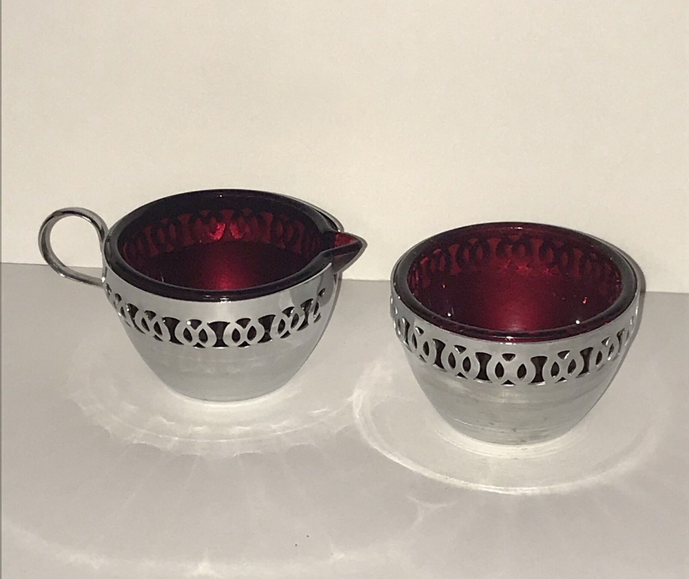 Silver Plated Ruby Red Glass Sugar And Creamer Made in England