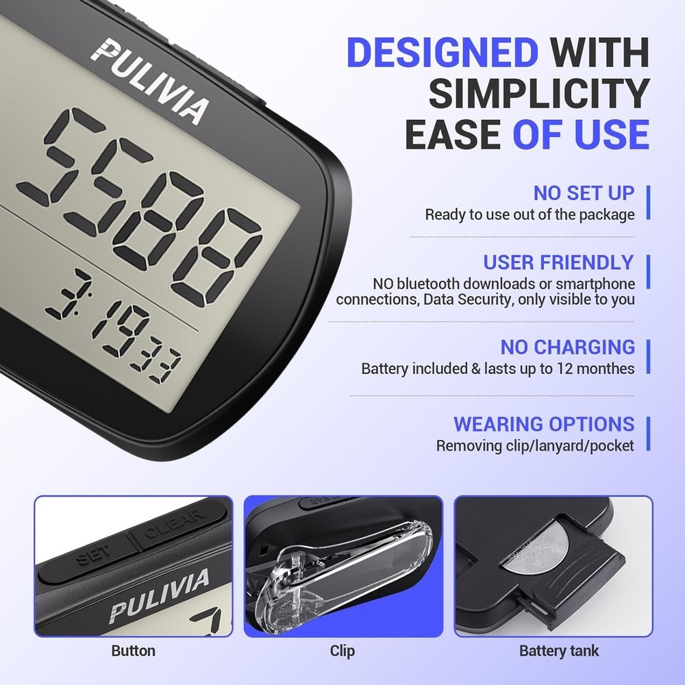 3D Step Counter with Clock, Accurate Walking Pedometer
