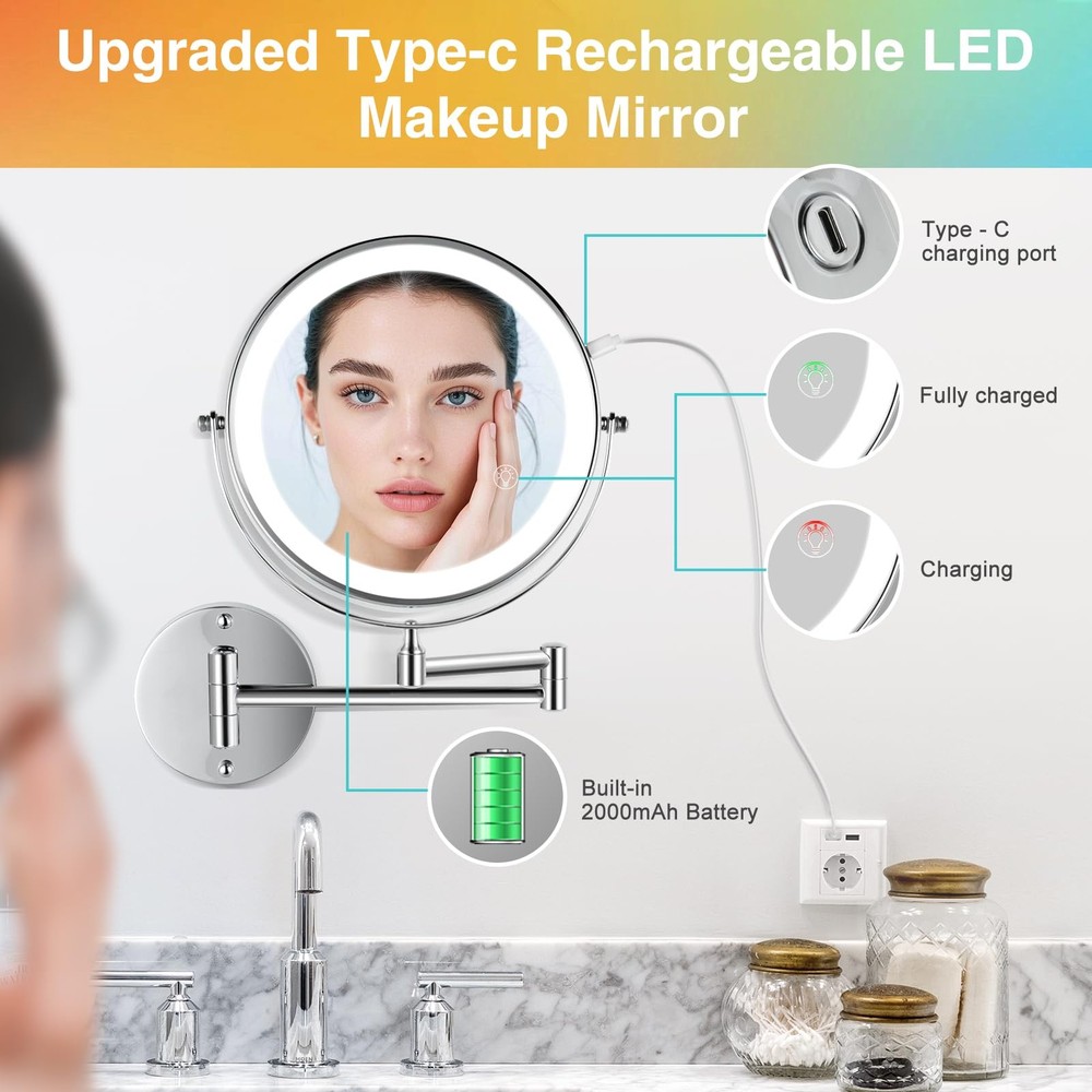 GREENFROM 30X LED Lighted Makeup Mirror 8.5in Wall Mounted Magnifying Mirror ...