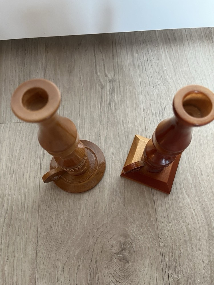 Vintage Wood Candle Holders – Coordinated Pair with Finger Loops